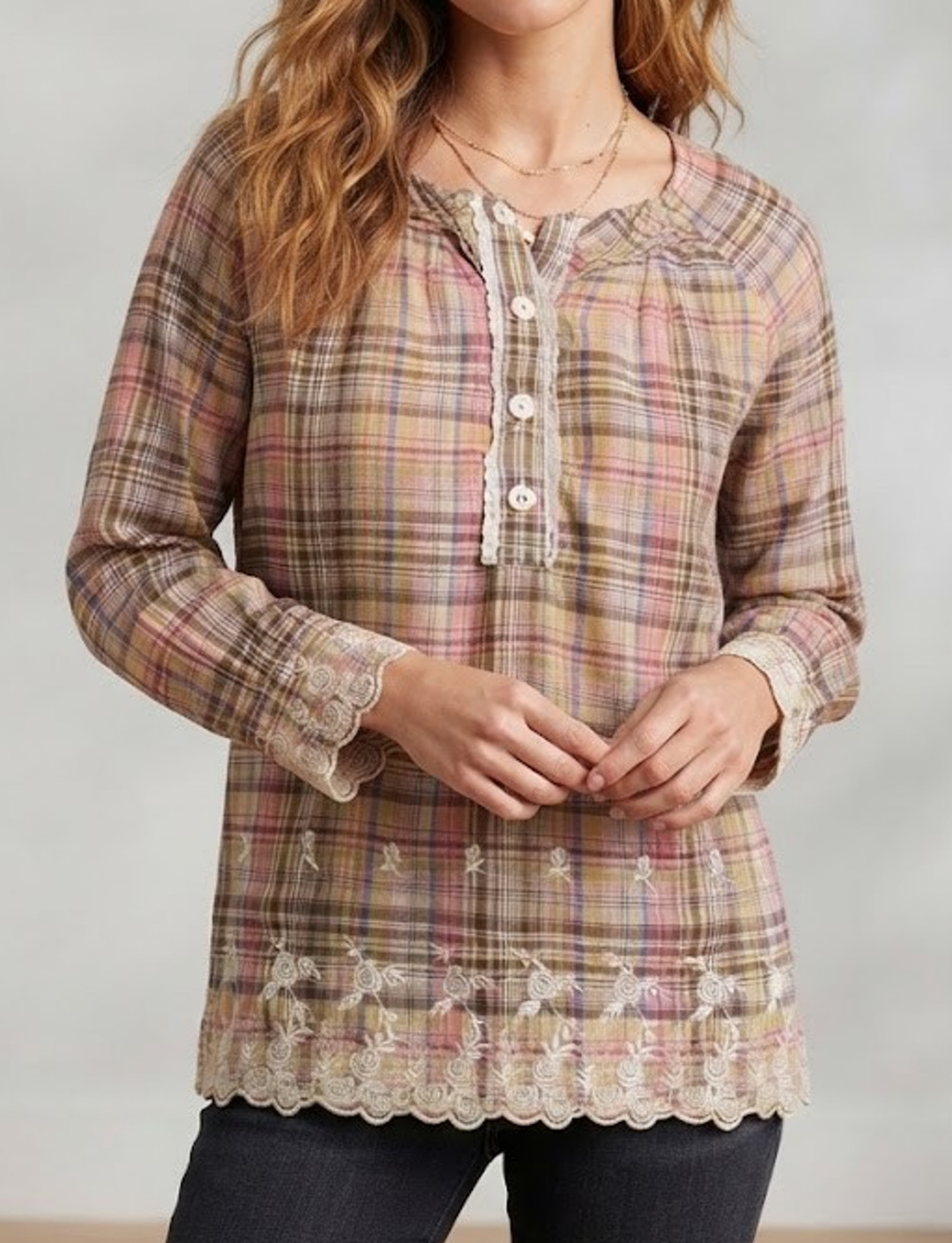 Browns Plaid Blouse Top Sz 12 Cottagecore Bohemian Rose Floral Lace Embroidered